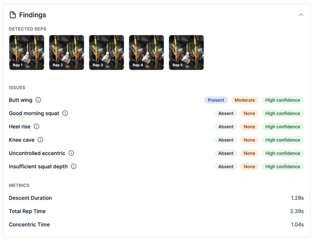 Findings section showing identified issues and metrics from a squat review