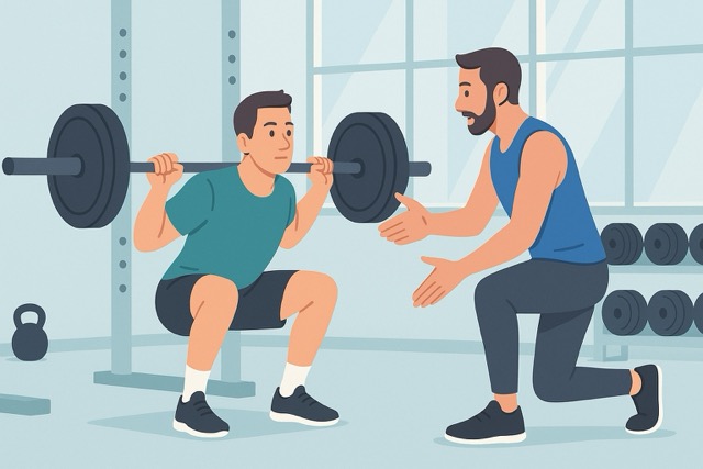 Cartoon banner of a lifter mid-squat in a modern gym with a coach guiding posture; a faint shadow contrasts poor vs proper form in a wide landscape scene