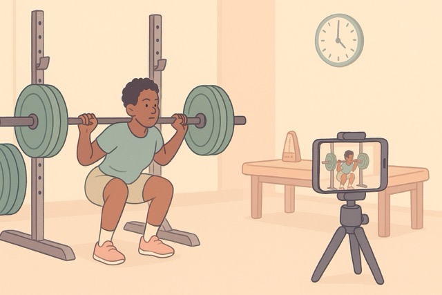 Controlled barbell back squat in a gym while a smartphone on a tripod records for an AI form-check app; soft pastel cartoon, wide landscape.