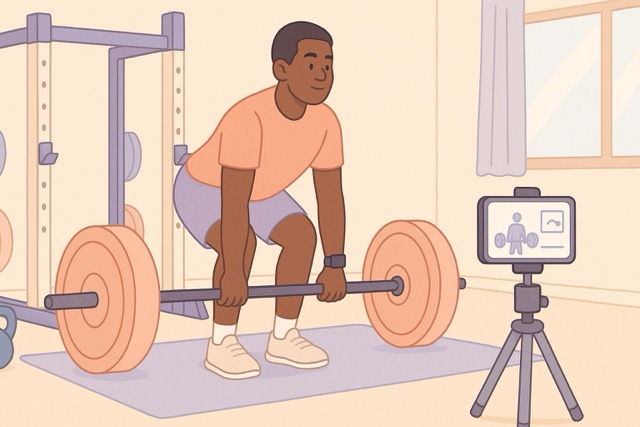 Cartoon lifter performing a barbell deadlift in a home gym with power rack, bumper plates, kettlebell, and smartwatch while a phone on a tripod records for an AI strength-tracking app.