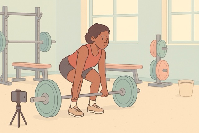 Lifter performs a deadlift in a gym while a smartphone on a tripod records for an AI form-check app; squat rack and bench in view; soft pastel cartoon.