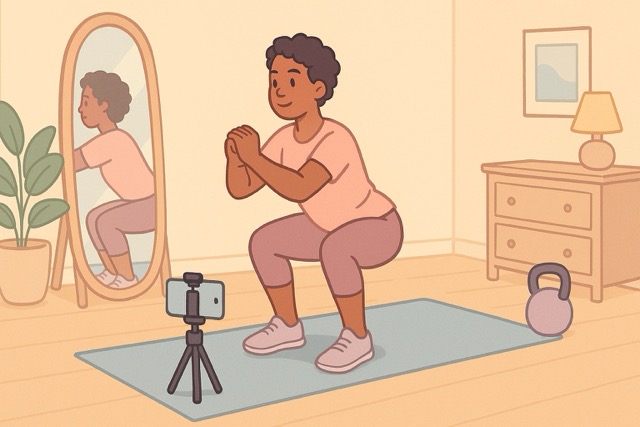 Person performing a barbell back squat in a gym while a smartphone records for an AI form-check app; soft pastel cartoon, wide landscape.