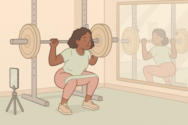 Gym lifter performs a barbell back squat with a light band above the knees as a smartphone records for an AI form-check app; soft pastel cartoon.