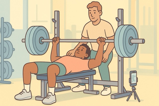 Cartoon pastel gym scene of a bench press with proper form—spotter behind, safety arms set; phone on tripod recording for an AI form-check app.