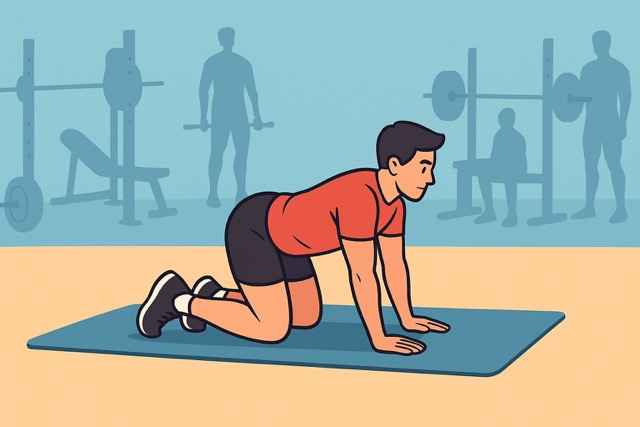 Cartoon illustration of an athlete performing the quadruped squat screen rock-back test on a gym mat to find the best squat stance.