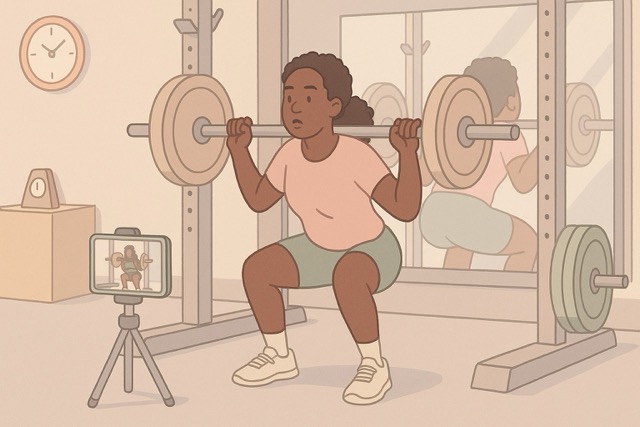 Person doing a controlled back squat in a gym while a smartphone records for an AI form-check app; pastel cartoon with wall clock for tempo.