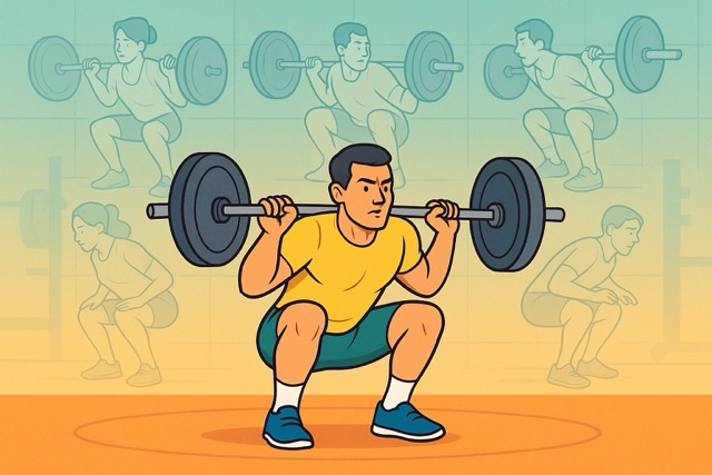 Cartoon hero image of an athlete demonstrating proper squat form while faded silhouettes show seven common squat mistakes (knees caving, butt wink, forward lean, heel lift, shallow depth, weight shift, weak core) in a gym scene.