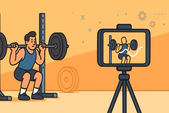 Cartoon illustration of a weightlifter squatting while a smartphone on a tripod records the movement for AI-powered workout video analysis, showing how to record your lifts for better form feedback.