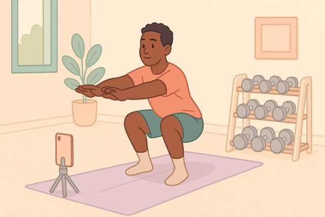 Home workout squat recorded by a smartphone on a tripod for AI symmetry analysis; soft pastel cartoon, wide landscape composition in a tidy room.