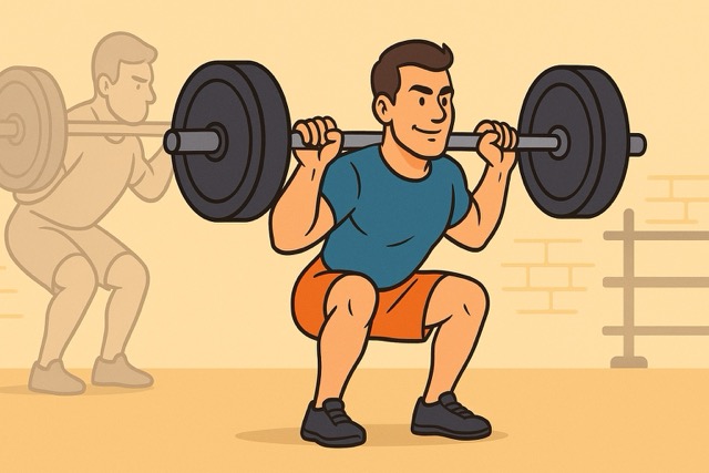 Cartoon illustration of a lifter correcting a “good morning squat” by keeping hips and shoulders rising together during a barbell back squat, CueForm AI guide hero image.