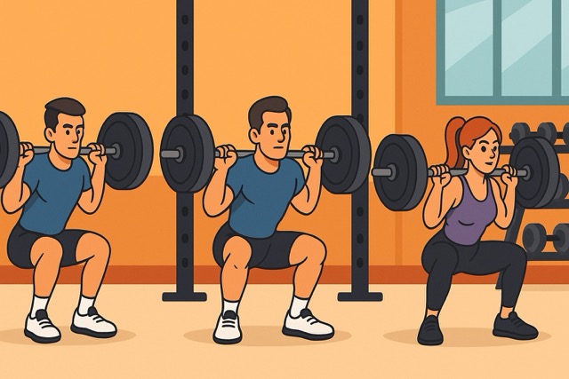 Cartoon gym illustration of lifters demonstrating narrow, shoulder-width, and wide barbell squat stance widths.