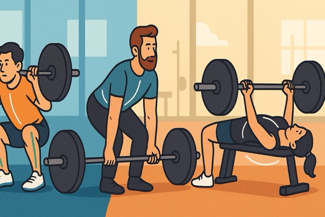 Cartoon illustration of good strength-training form: athlete squatting, lifter deadlifting, and woman bench pressing in a bright gym setting.