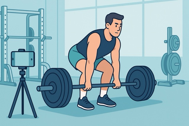 Cartoon lifter deadlifts with a barbell as a phone on a tripod records in a bright gym, showing real time app-based form analysis.