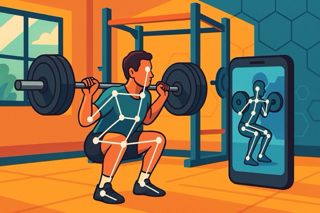 Cartoon landscape illustration of AI analyzing barbell back-squat form in a modern gym, showing keypoint tracking lines on the lifter for precise movement assessment.