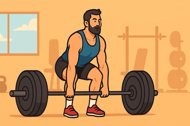 Cartoon illustration of a lifter demonstrating perfect deadlift form—neutral spine, hip-hinge setup, barbell close to shins—in a bright gym, showcasing safe technique for a stronger, injury-free deadlift.