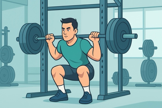 Cartoon athlete mid squat in a gym, feet rooted, core braced, eyes forward, showing stable posture and alignment to improve force transfer.
