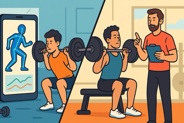 Cartoon illustration contrasting AI fitness coaching and a personal trainer: left side shows an athlete squatting while a smartphone displays pose-estimation feedback; right side shows a trainer giving hands-on guidance to a lifter in a gym.
