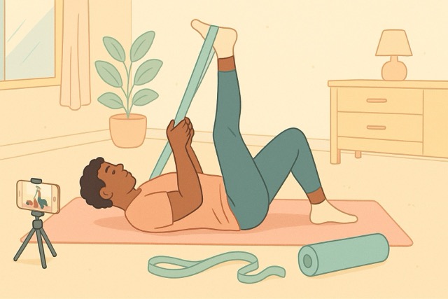 Lifter on a yoga mat doing a supine hamstring stretch at home as a smartphone records for an AI mobility analysis app; soft pastel cartoon.